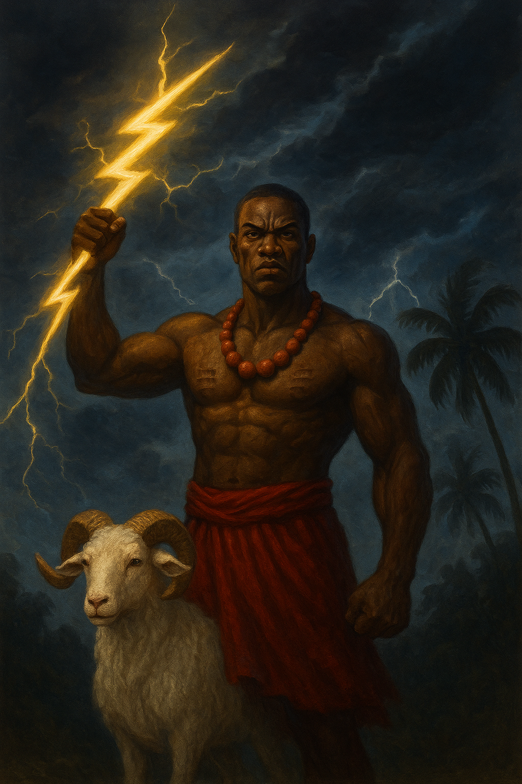 A powerful Igbo warrior deity, Amadioha, holding a thunderbolt beneath storm clouds with a white ram by his side, symbolizing justice and divine authority.