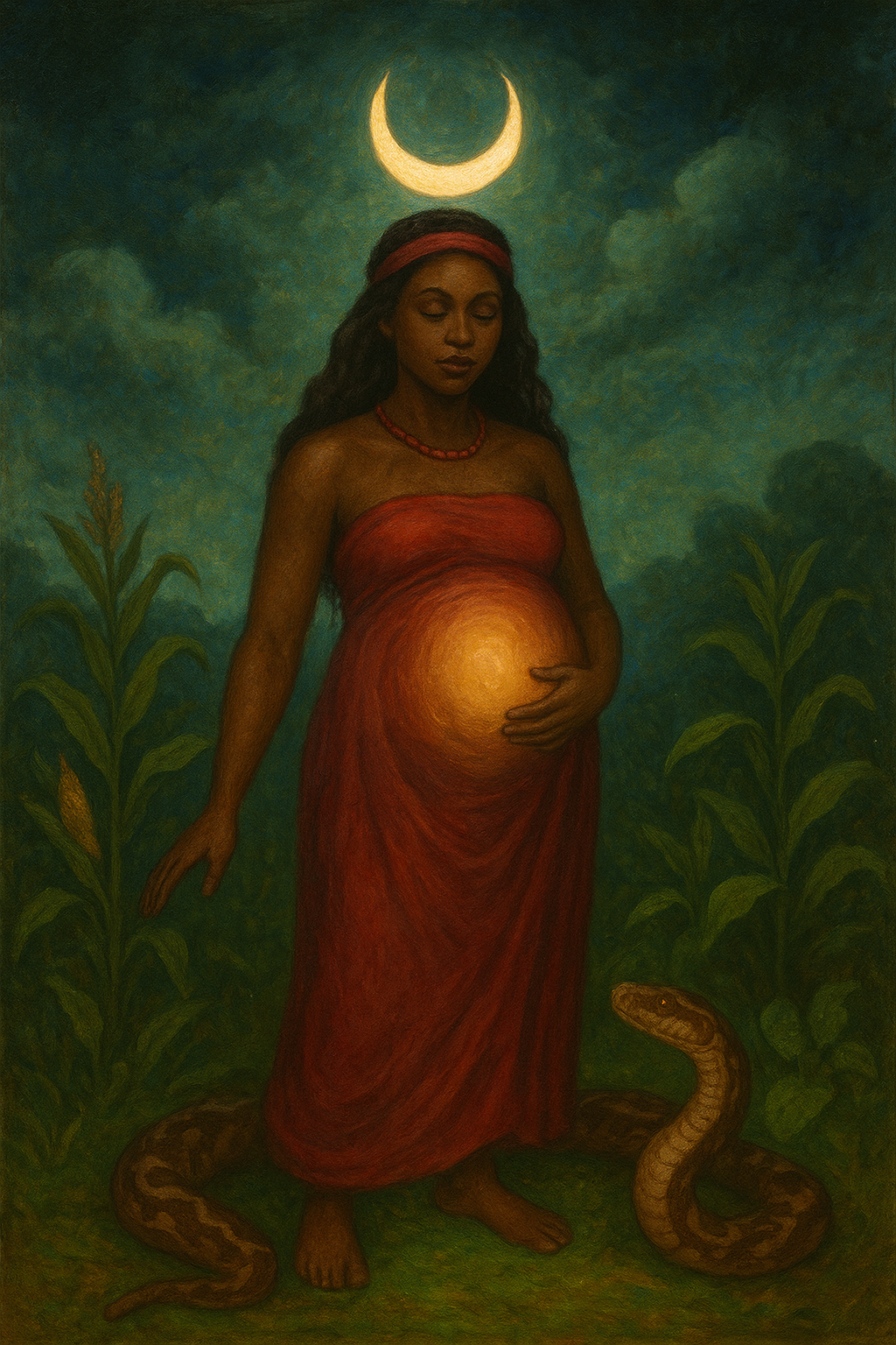 Illustration of Ala, the Igbo Earth goddess, shown as a pregnant woman with a crescent moon above her head and a python at her feet, symbolizing fertility, morality, and abundance.